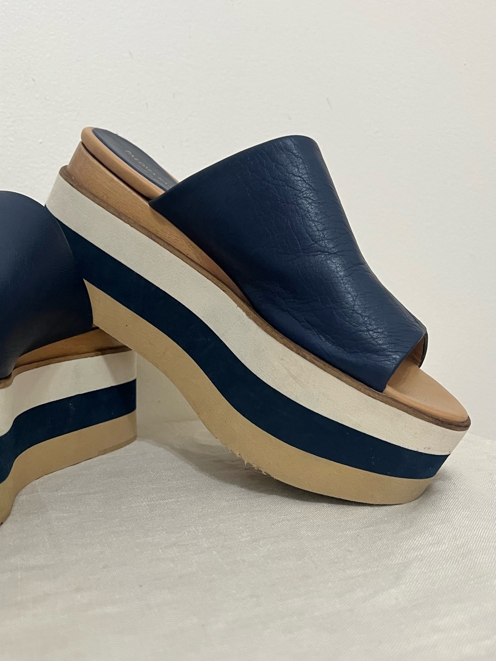 Paloma Barcelo Navy and Tan Striped Platform Slide Sandals - Picture 5 of 12